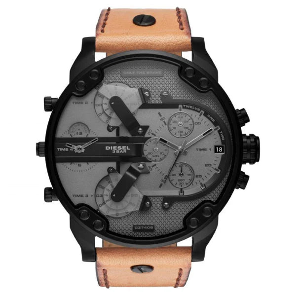 Diesel Men’s Quartz Brown Leather Strap Grey Dial 57mm (Four Time zone) Watch DZ7406