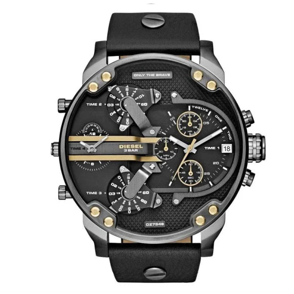 Diesel Men’s Quartz Black Leather Strap Black Dial 57mm (Four Time zone) Watch DZ7348