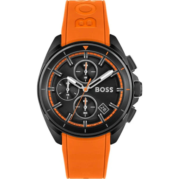 Hugo Boss Men’s Quartz Orange Silicone Strap Black Dial 44mm Watch 1513957