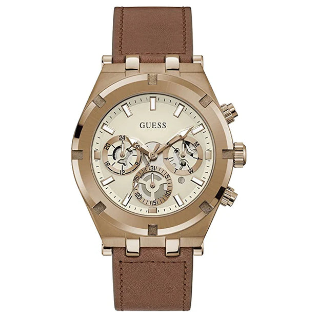 Guess Men’s Quartz Brown Leather Strap White Dial 44mm Watch GW0262G3