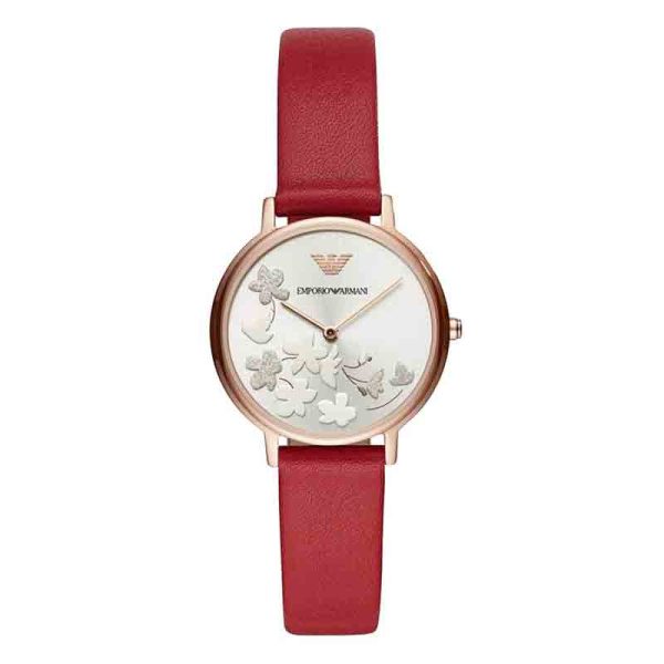 Emporio Armani Women’s Quartz Red Leather Strap Silver Dial 32mm Watch AR11114