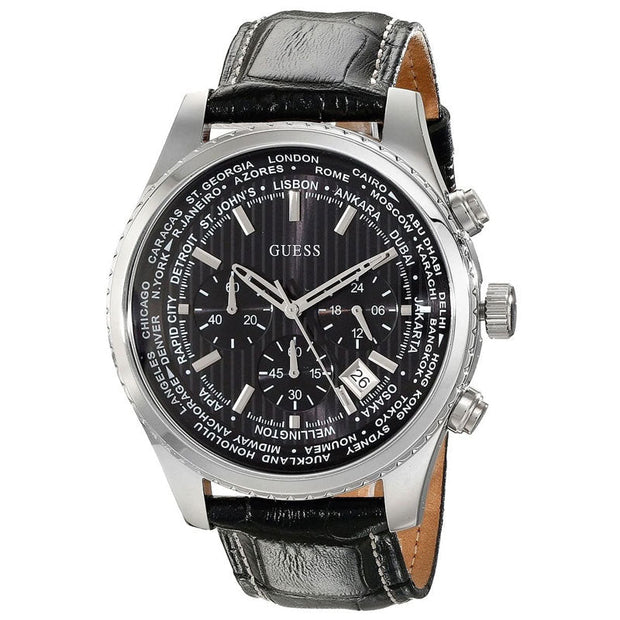 Guess Men’s Quartz Quartz Black Leather Strap Black Dial 45mm Watch W0500G2