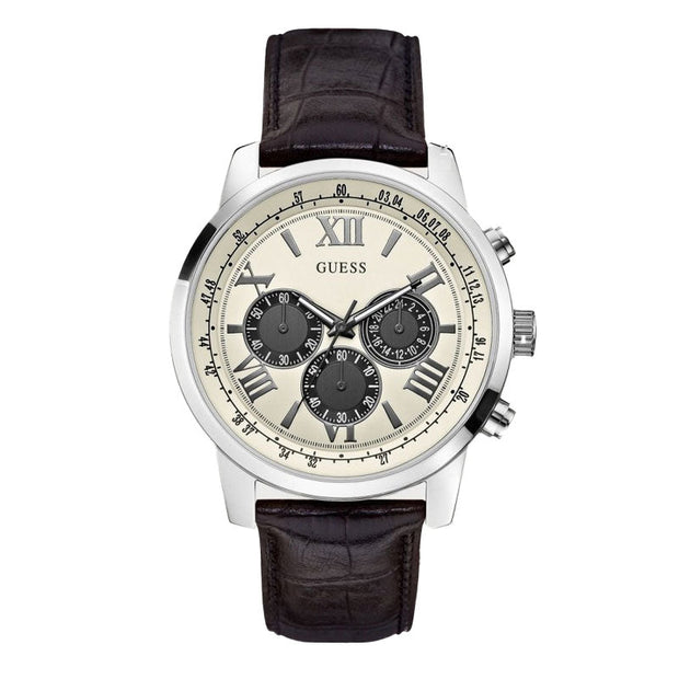 Guess Men’s Quartz Dark Brown Leather Strap Beige Dial 45mm Watch W0380G1