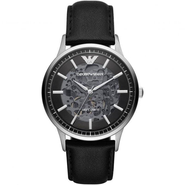 Emporio Armani Men’s Automatic Black Leather Strap Black Dial 43mm Watch AR60038
