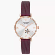 Emporio Armani Women’s Automatic Burgundy Leather Strap Silver Dial 34mm Watch AR60044