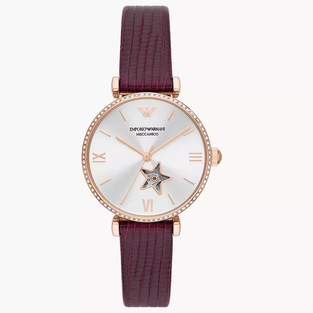 Emporio Armani Women’s Automatic Burgundy Leather Strap Silver Dial 34mm Watch AR60044