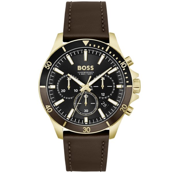 Hugo Boss Men’s Quartz Brown Leather Strap Black Dial 45mm Watch 1514100c