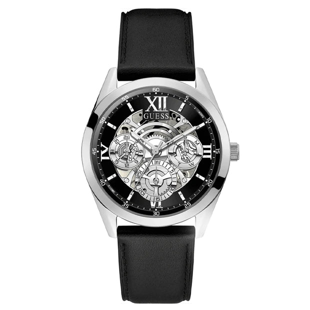 Guess Men’s Quartz Black Leather Strap Silver Dial 42mm Watch GW0389G1