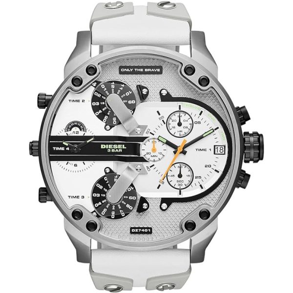 Diesel Men’s Quartz White Leather Strap White Dial 57mm (Four Time Zone) Watch DZ7401