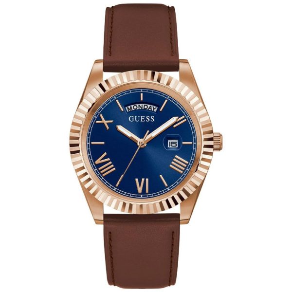 Guess Men’s Quartz Brown Leather Strap Blue Dial 42mm Watch GW0353G2