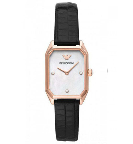 Emporio Armani Women’s Quartz Black Leather Strap Mother of Pearl Dial 24mm Watch AR11390