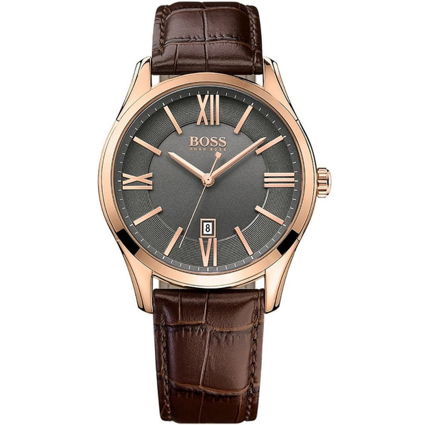 Hugo Boss Men’s Quartz Brown Leather Strap Grey Dial 43mm Watch 1513387