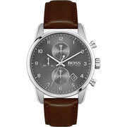 Hugo Boss Men’s Quartz Brown Leather Strap Grey Dial 44mm Watch 1513787