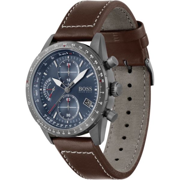 Hugo Boss Men’s Quartz Brown Leather Strap Blue Dial 44mm Watch 1513852