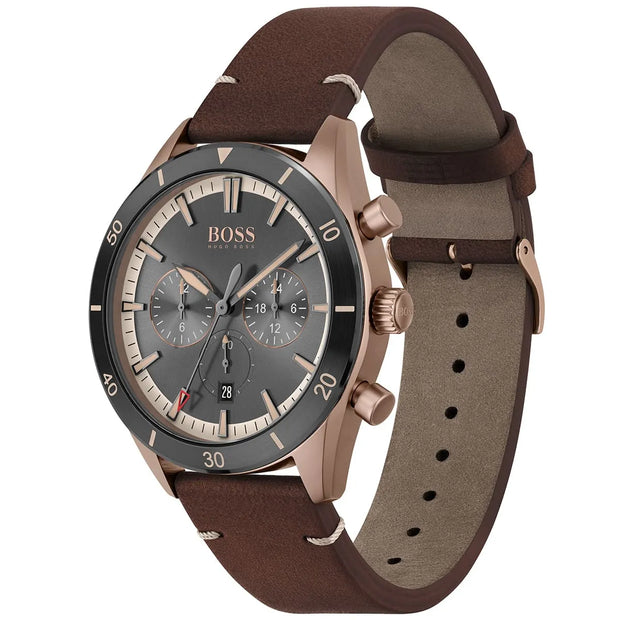 Hugo Boss Men’s Chronograph Quartz Brown Leather Strap Grey Dial 44mm Watch 1513861