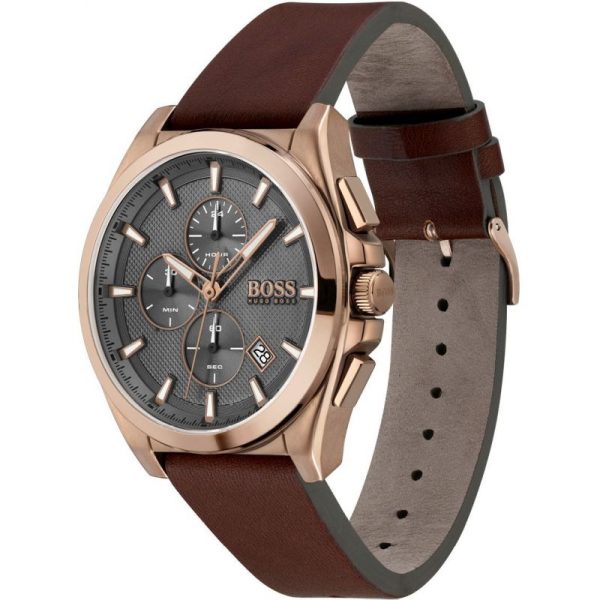 Hugo Boss Men’s Quartz Brown Leather Strap Grey Dial 46mm Watch 1513882