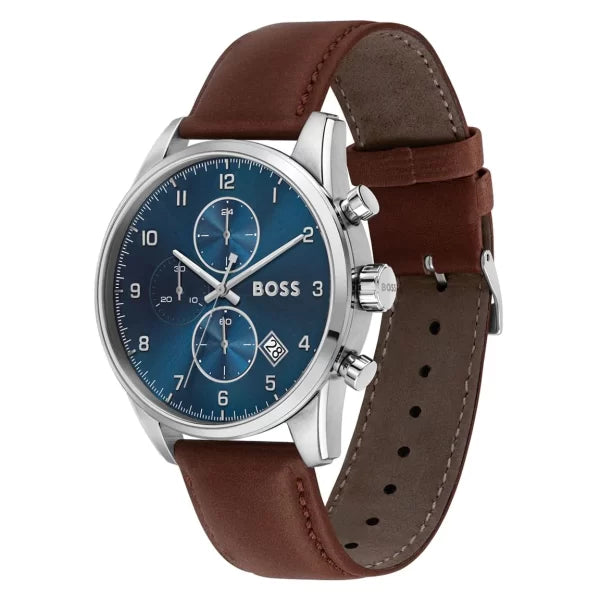 Hugo Boss Men’s Quartz Brown Leather Strap Blue Dial 44mm Watch 1513940