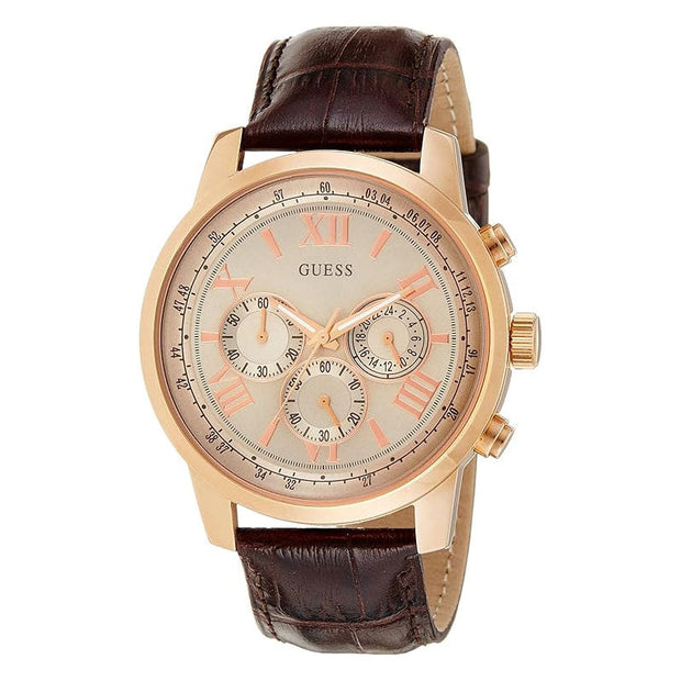 Guess Men’s Quartz Brown Leather Strap Champagne Dial 45mm Watch W0380G4