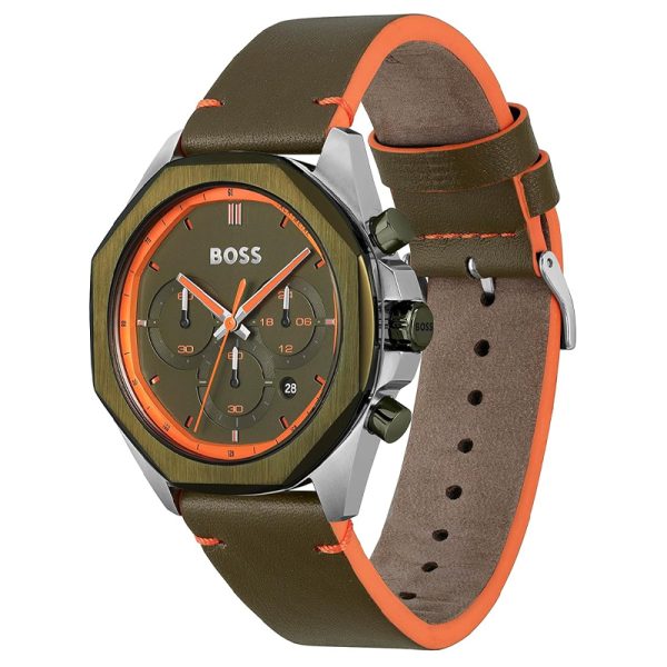 Hugo Boss Men’s Quartz Olive Green Leather Strap Olive Green Dial 45mm Watch 1514018