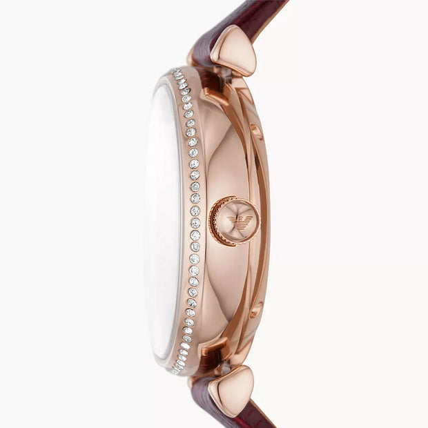 Emporio Armani Women’s Automatic Burgundy Leather Strap Silver Dial 34mm Watch AR60044
