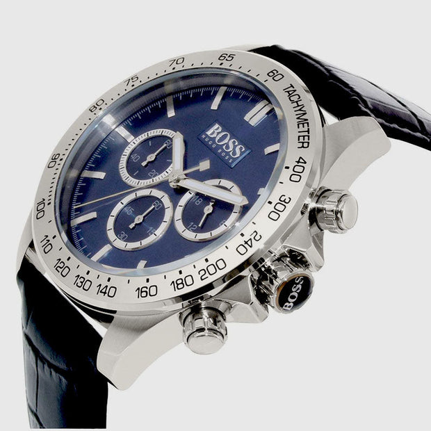 Hugo Boss Men’s Quartz Black Leather Strap Blue Dial 44mm Watch 1513176