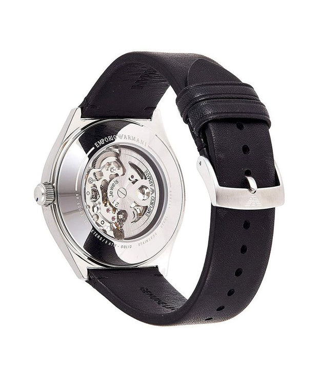 Emporio Armani Men’s Automatic Black Leather Strap White Dial 43mm Watch AR60003