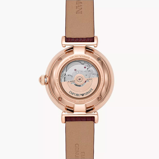 Emporio Armani Women’s Automatic Burgundy Leather Strap Silver Dial 34mm Watch AR60044
