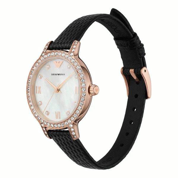 Emporio Armani Women’s Quartz Black Leather Strap Mother Of Pearl Dial 32mm Watch AR11485