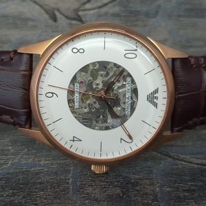 Emporio Armani Men’s Automatic Brown Leather Strap White Dial 41mm Watch AR1920