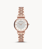 Emporio Armani Women’s Quartz Rose Gold Stainless Steel Silver Crystal Pave Dial 32mm Watch AR11244