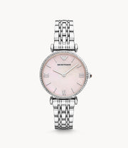 Emporio Armani Women’s Quartz Silver Stainless Steel Pink Mother Of Pearl Dial 32mm Watch AR1779