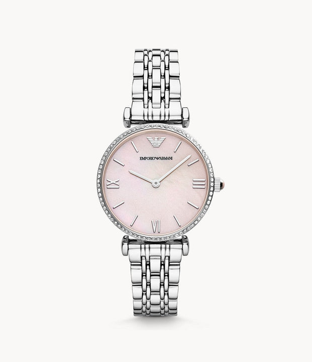 Emporio Armani Women’s Quartz Silver Stainless Steel Pink Mother Of Pearl Dial 32mm Watch AR1779