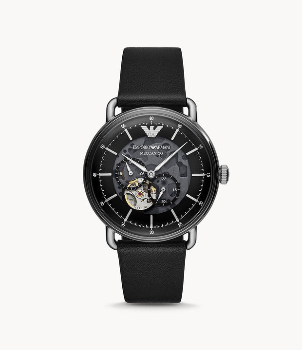 Emporio Armani Men’s Automatic Leather Strap Black Dial 43mm Watch AR60026