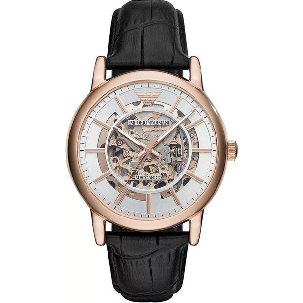 Emporio Armani Men’s Automatic Black Leather Strap Silver Dial 43mm Watch AR60007