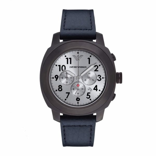 Emporio Armani Men’s Quartz Chronograph Leather Strap Shade Blue Dial 46mm Watch AR6086