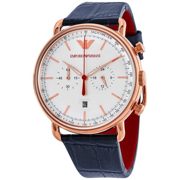 Emporio Armani Men’s Chronograph Quartz Blue Leather Strap Silver Dial 48mm Watch AR11123
