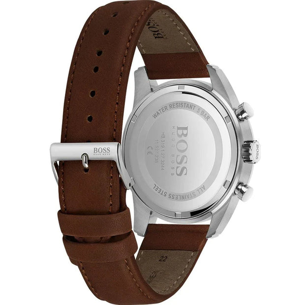 Hugo Boss Men’s Quartz Brown Leather Strap Grey Dial 44mm Watch 1513787