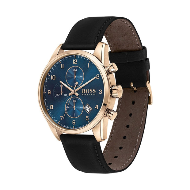 Hugo Boss Men’s Quartz Black Leather Strap Blue Dial 44mm Watch 1513783