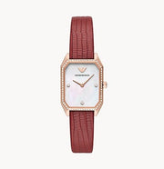 Emporio Armani Women’s Quartz Red Leather Strap Mother Of Pearl Dial 24mm Watch AR11467