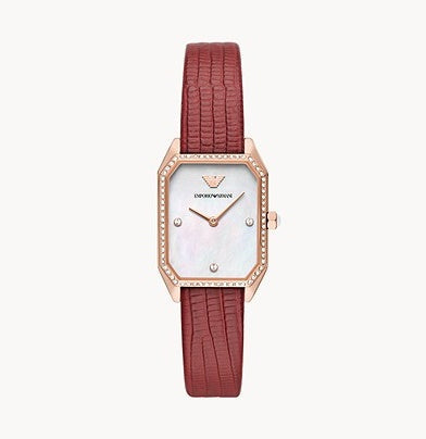 Emporio Armani Women’s Quartz Red Leather Strap Mother Of Pearl Dial 24mm Watch AR11467