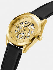 Guess Men’s Quartz Black Leather Strap Gold Dial 42mm Watch GW0389G2