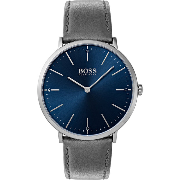Hugo Boss Men’s Quartz Grey Leather Strap Blue Dial 40mm Watch 1513539
