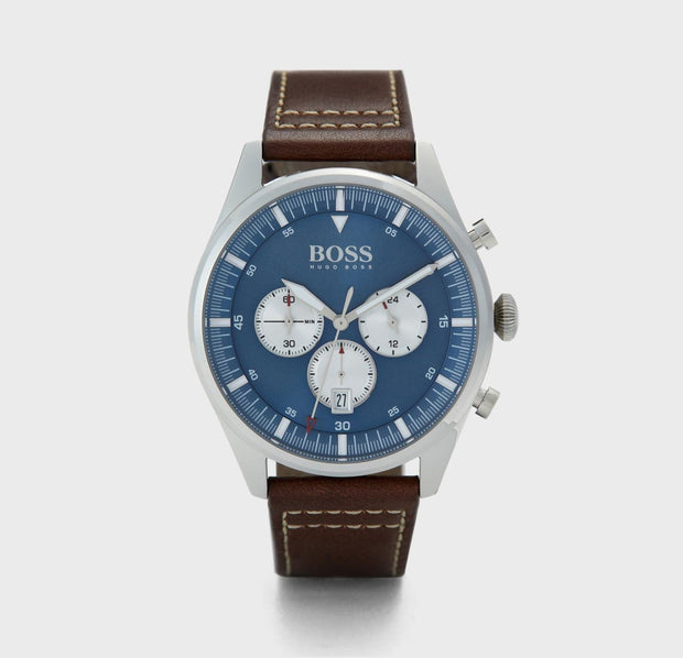 Hugo Boss Men’s Chronograph Leather Strap Blue Dial 44mm Watch 1513709