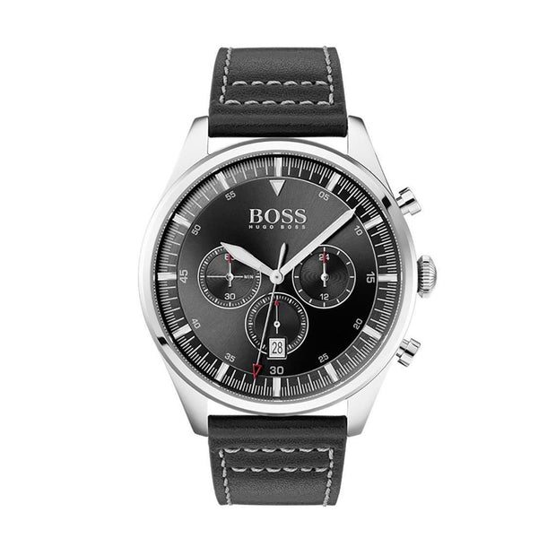 Hugo Boss Men’s Chronograph Leather Strap Black Dial 44mm Watch 1513708